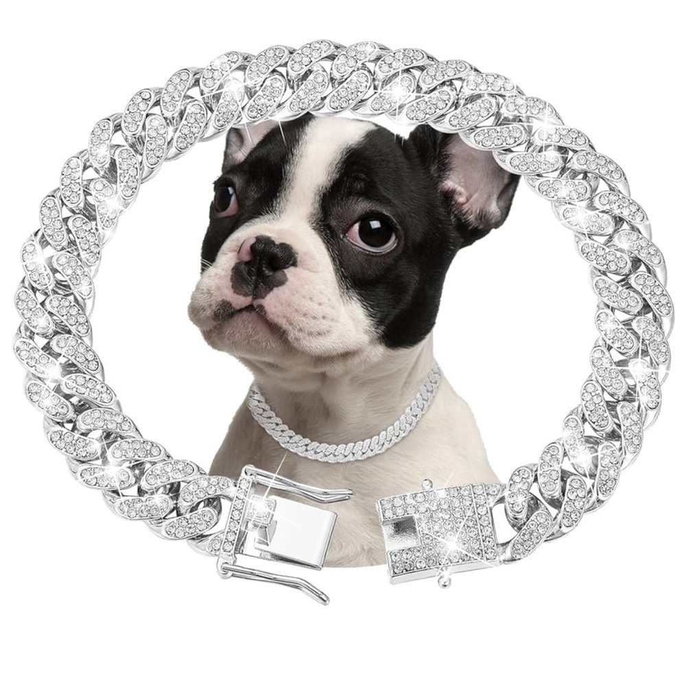 Rhinestone Cuban Link Dog Collar - Silver